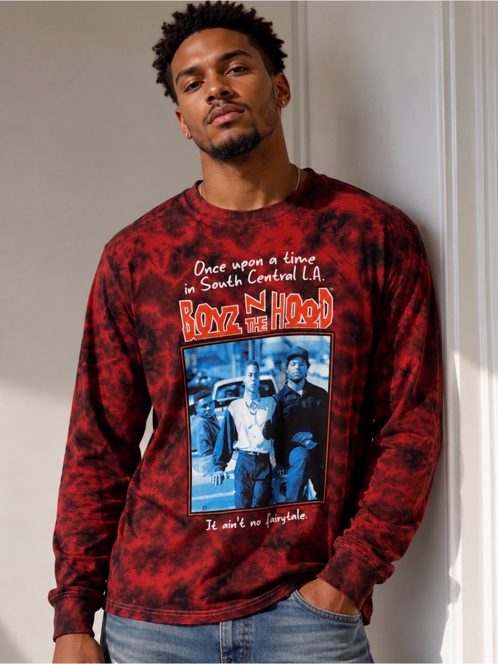Vinatge Red Tie-Dye 'Boyz N the Hood' Graphic Long-Sleeve Shirt Sz M
